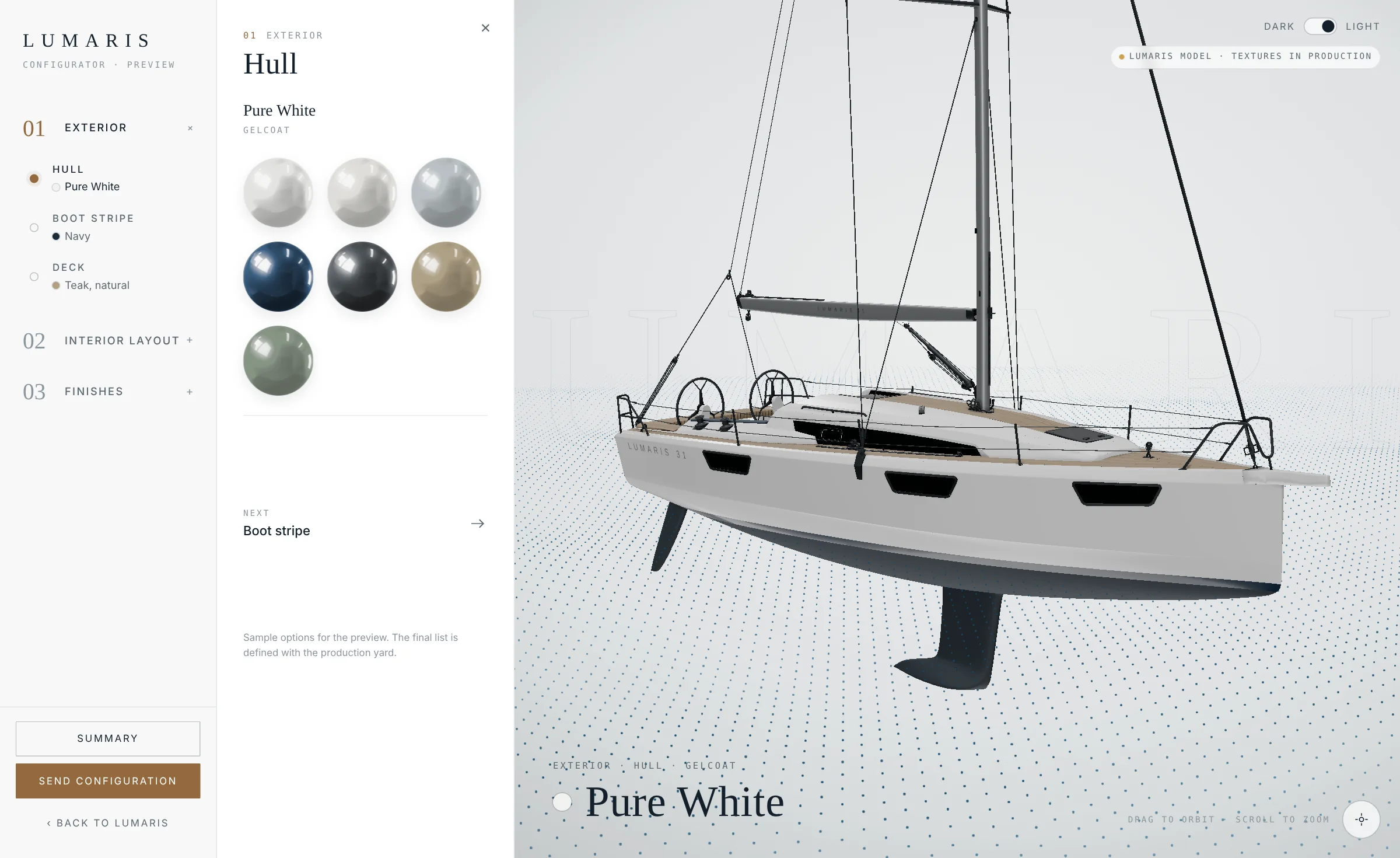 The Lumaris configurator: exterior menu, hull colour swatches and the 3D yacht in a light studio