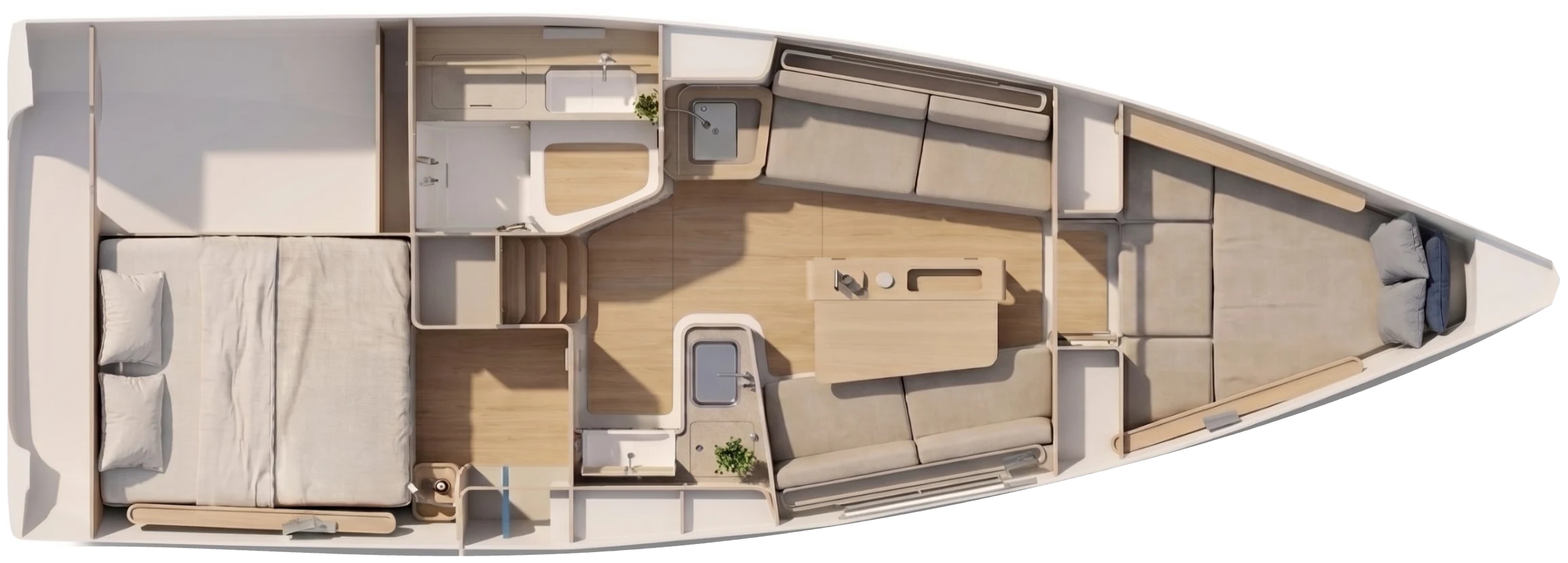 Lumaris 31 interior plan: aft cabin, head with shower, galley, saloon and forward cabin